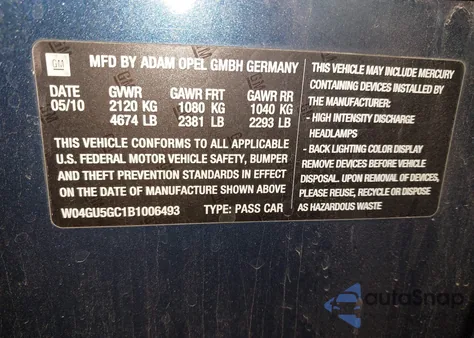2011 Buick Regal Cxl Russelsheim from USA, damaged, VIN W04GU5GC1B1006493